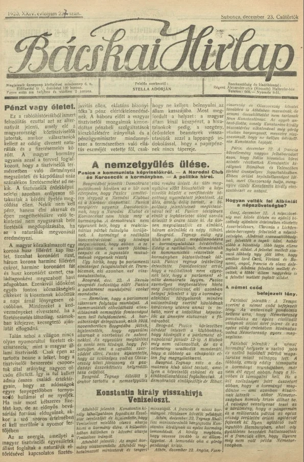Bácskai Hirlap, 24. évf. 1920. december 23. 227. sz.