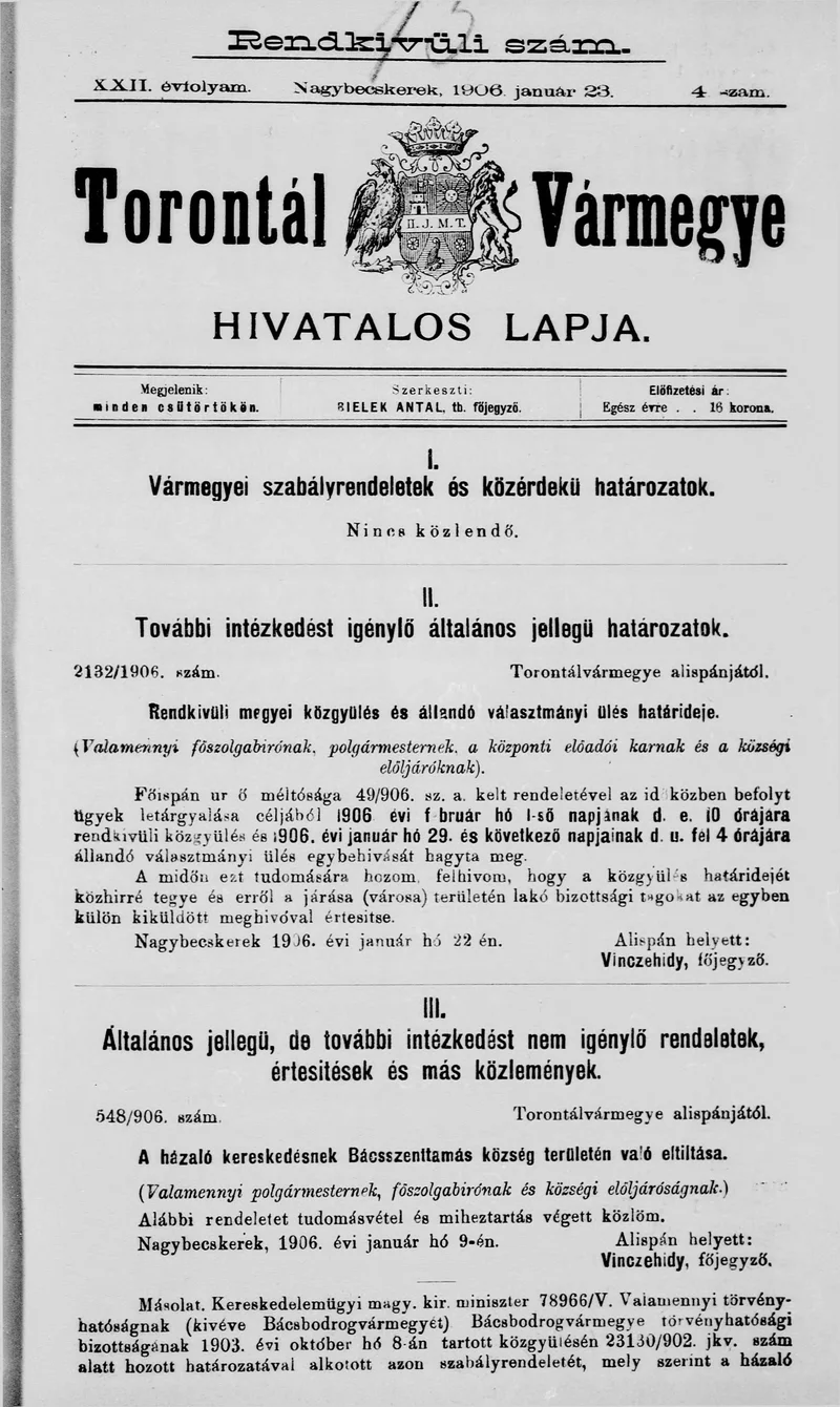 Torontál Vármegye Hivatalos Lapja, 22. évf. 1906. január 23. 4. sz.