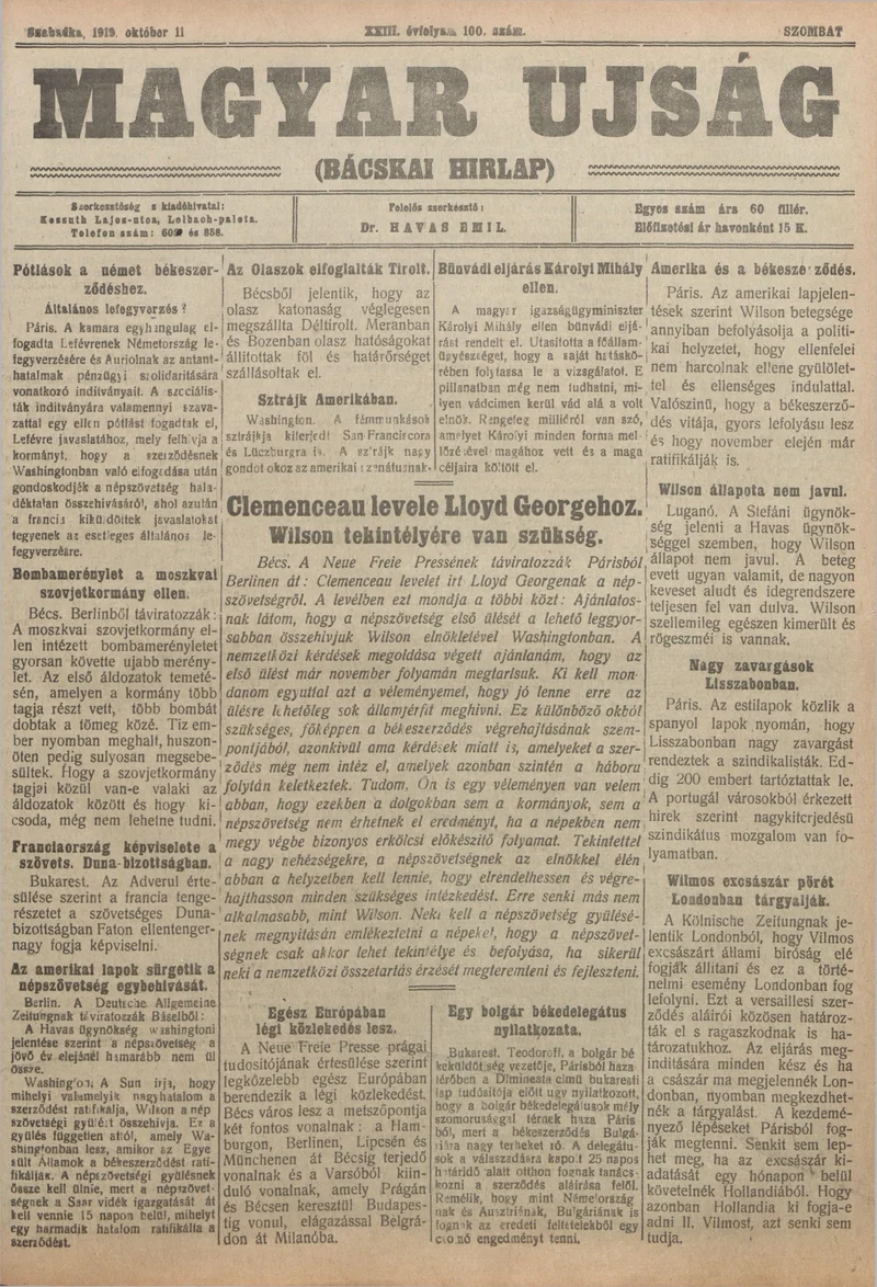 Bácskai Hirlap, 23. évf. 1919. október 11. 100. sz.