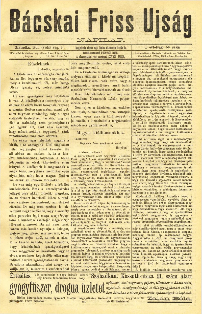 Bácskai Friss Ujság, 1. évf. 1901. augusztus 6. 56. sz.