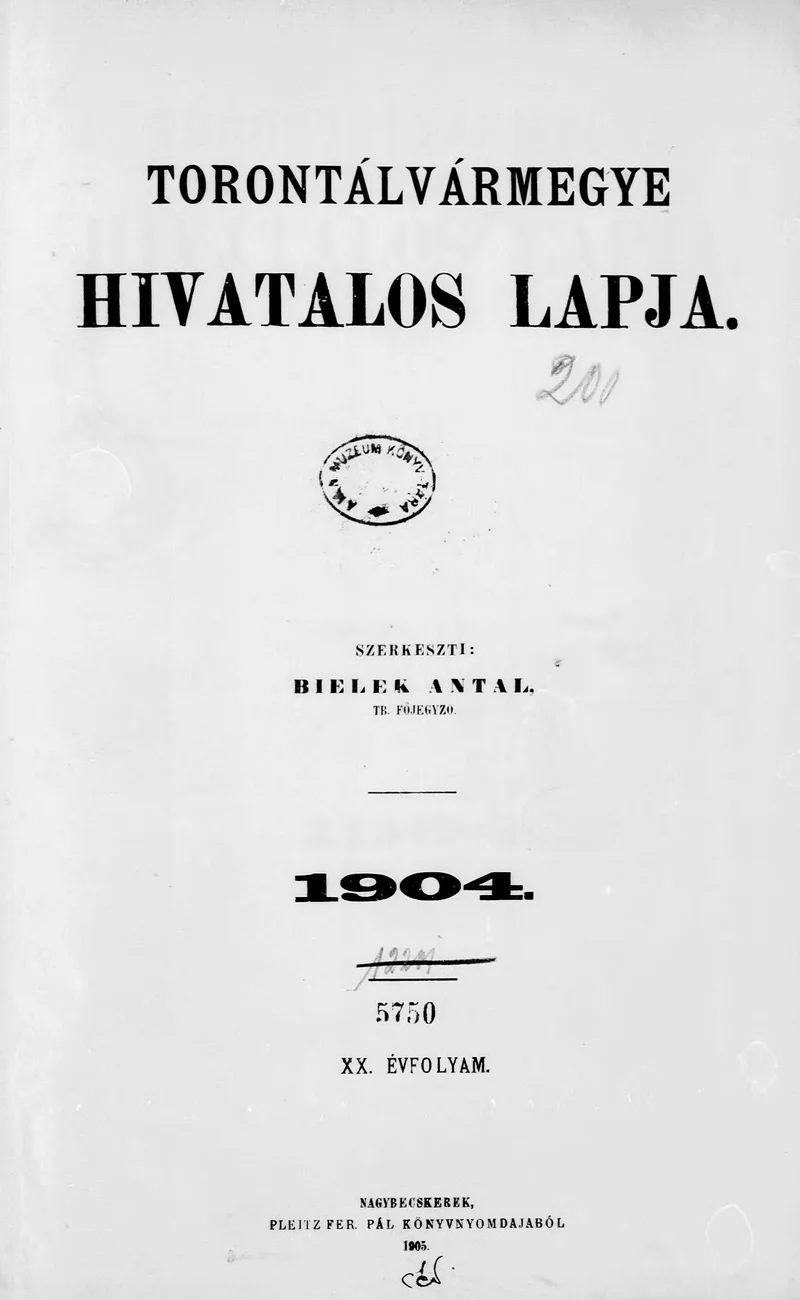 Torontál Vármegye Hivatalos Lapja, 20. évf. 1904. Tárgymutató