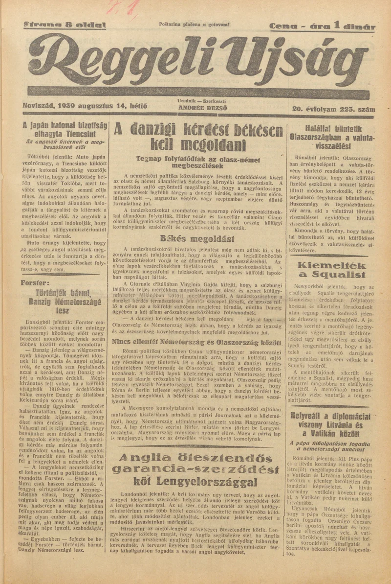 Reggeli Újság, 20. évf. 1939. augusztus 14. 223. sz.