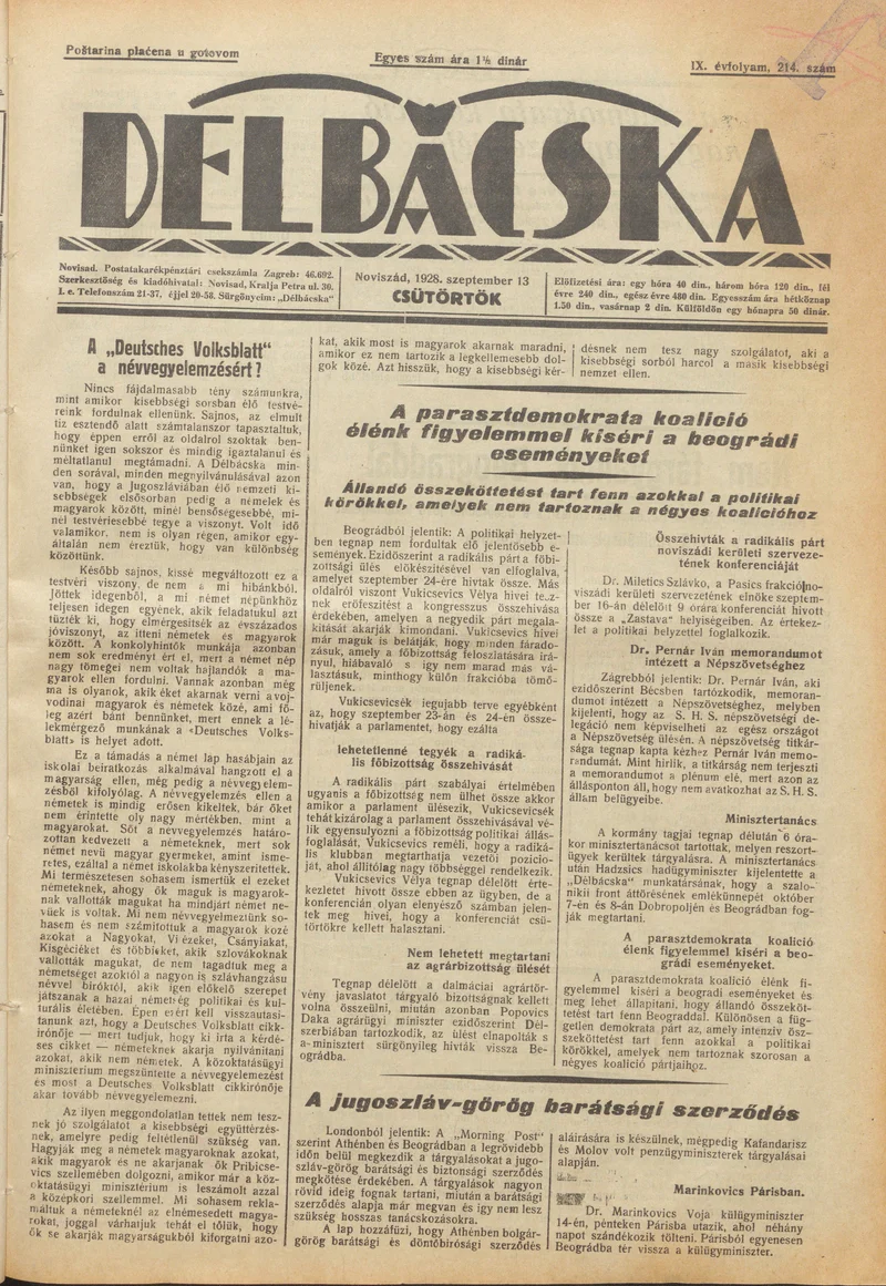 Délbácska, 9. évf. 1928. szeptember 13. 214. sz.