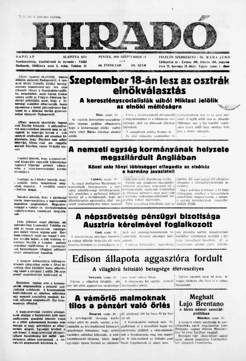 Híradó, 60. évf. 1931. szeptember 11. 209. sz.