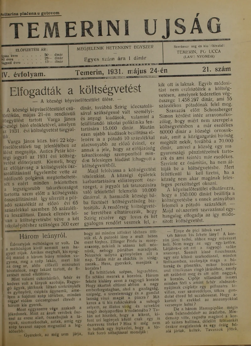 Temerini Újság 1928-1944, 4. évf. 1931. május 24. 21. sz.