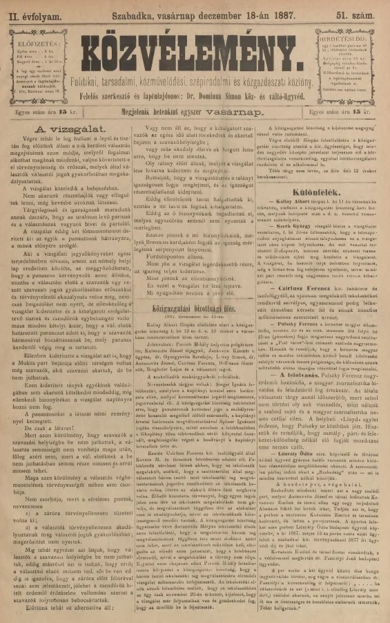Közvélemény, 2. évf. 1887. december 18. 51. sz.