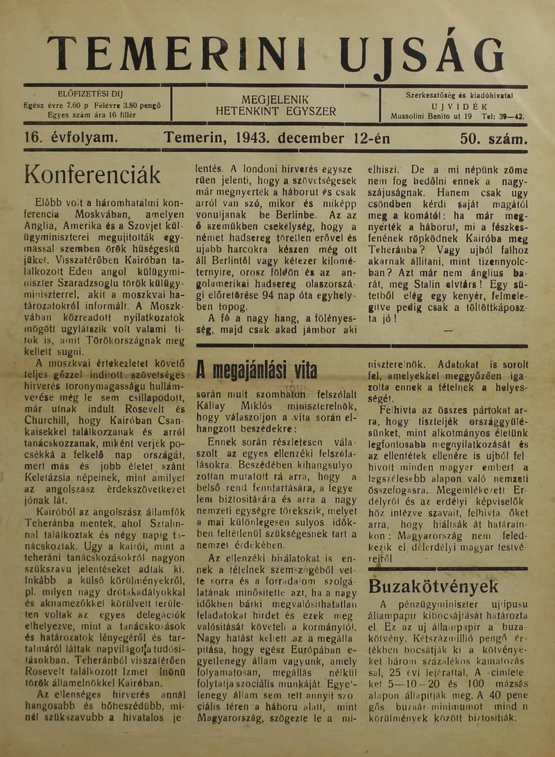 Temerini Újság 1928-1944, 16. évf. 1943. december 12. 50. sz.