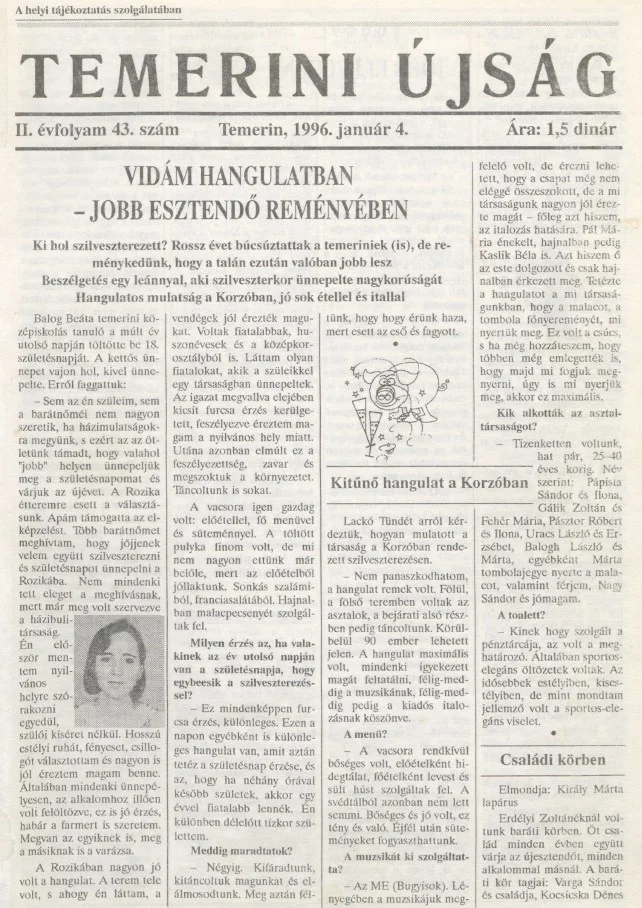 Temerini Újság, 2. évf. 1996. január 4. 1. sz.