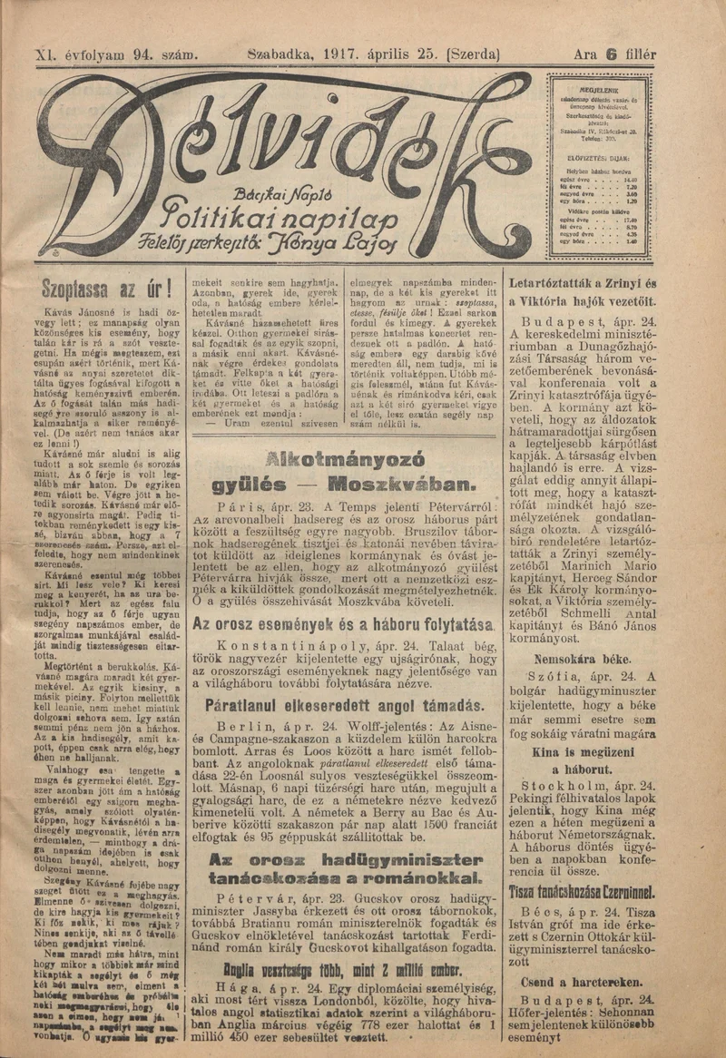 Délvidék, 11. évf. 1917. április 25. 94. sz.