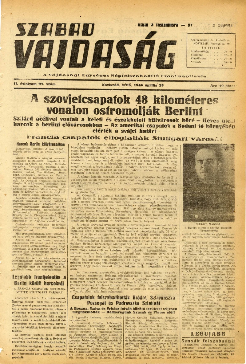 Szabad Vajdaság, 2. évf. 1945. április 23. 91. sz.