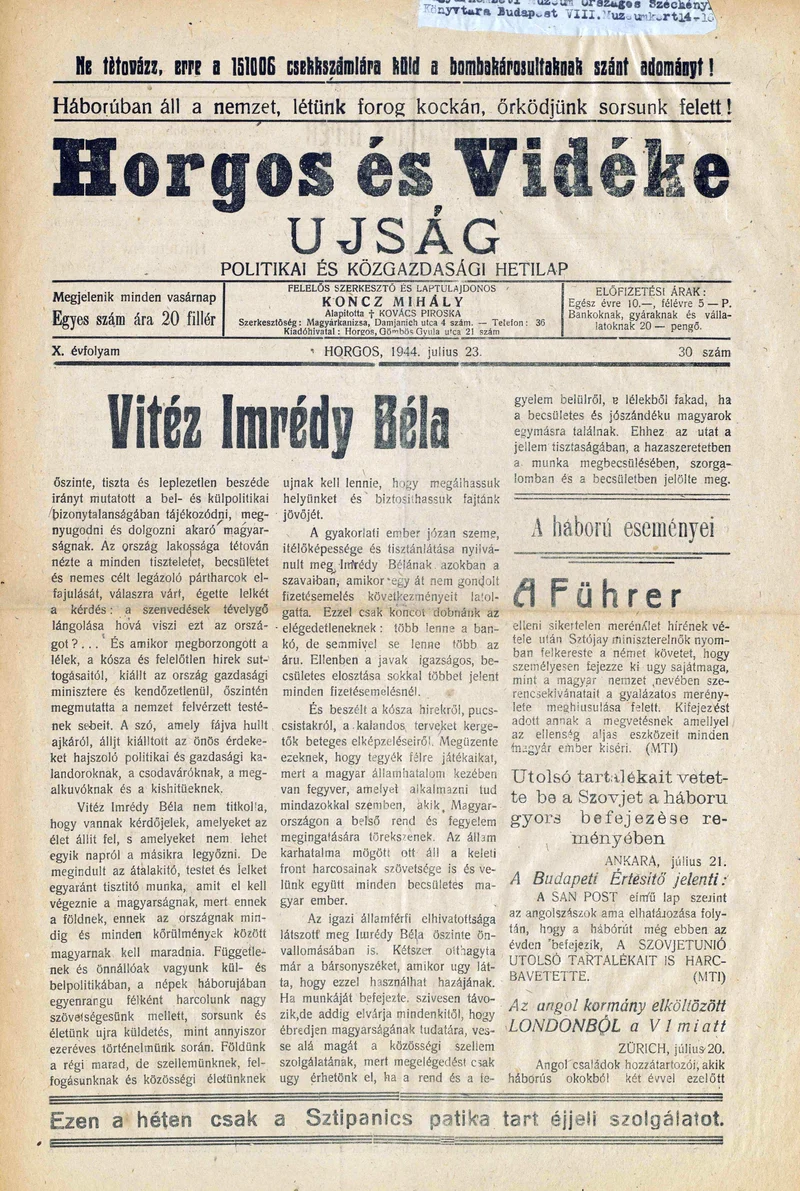 Horgos és vidéke, 9. évf. 1944. július 23. 30. sz.