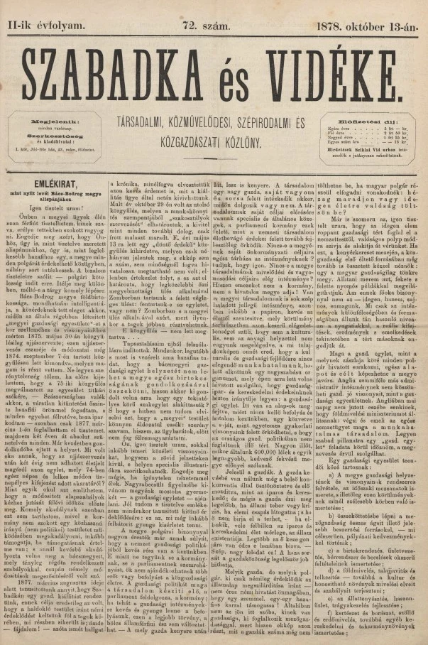 Szabadka és vidéke, 2. évf. 1878. október 13. 72. sz.