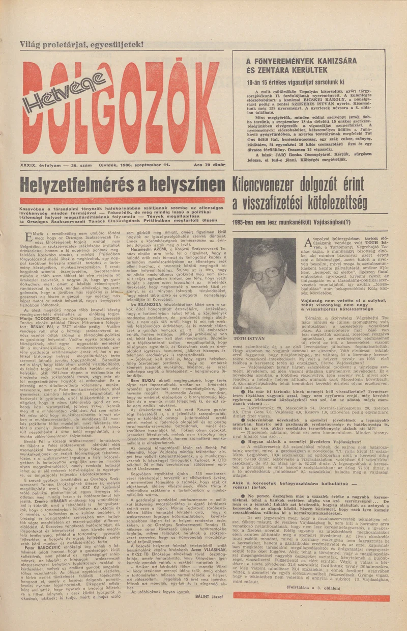 Dolgozók, 40. évf. 1986. szeptember 11. 36. sz.