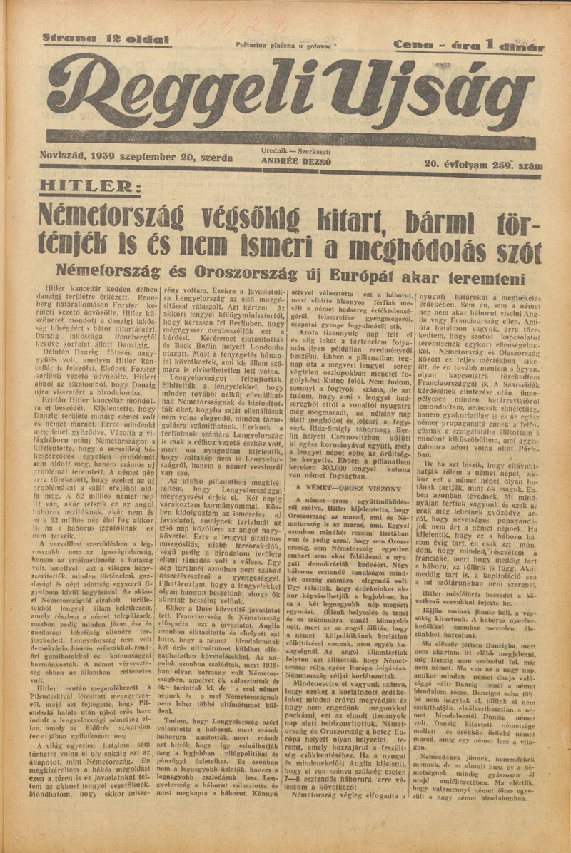 Reggeli Újság, 20. évf. 1939. szeptember 20. 259. sz.