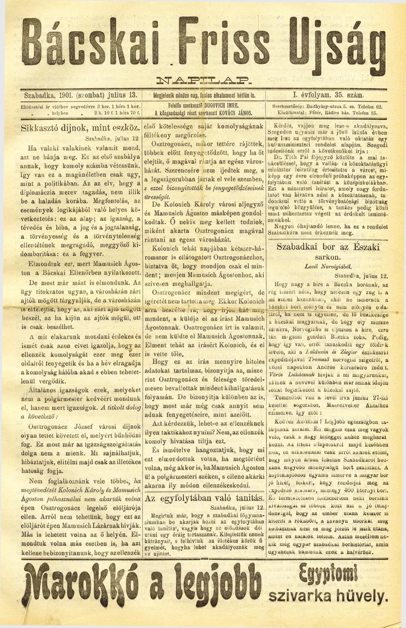 Bácskai Friss Ujság, 1. évf. 1901. július 13. 35. sz.