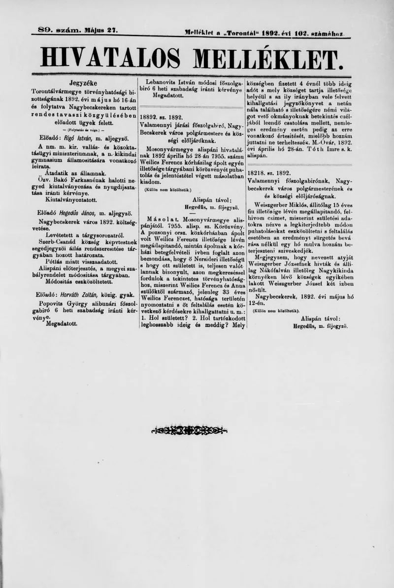 A Totontál  hivatalos melléklete, 5. évf. 1892. május 27. 89. sz.