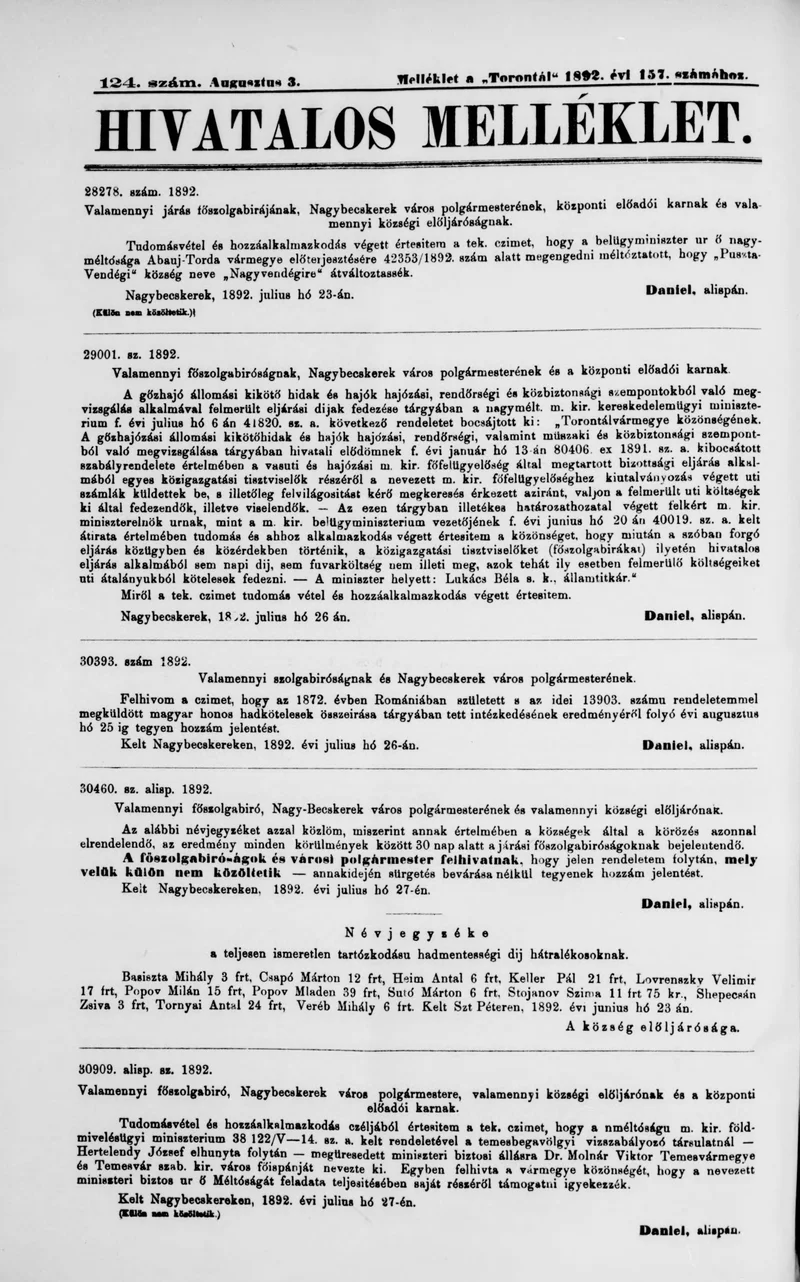 A Totontál  hivatalos melléklete, 5. évf. 1892. augusztus 3. 124. sz.