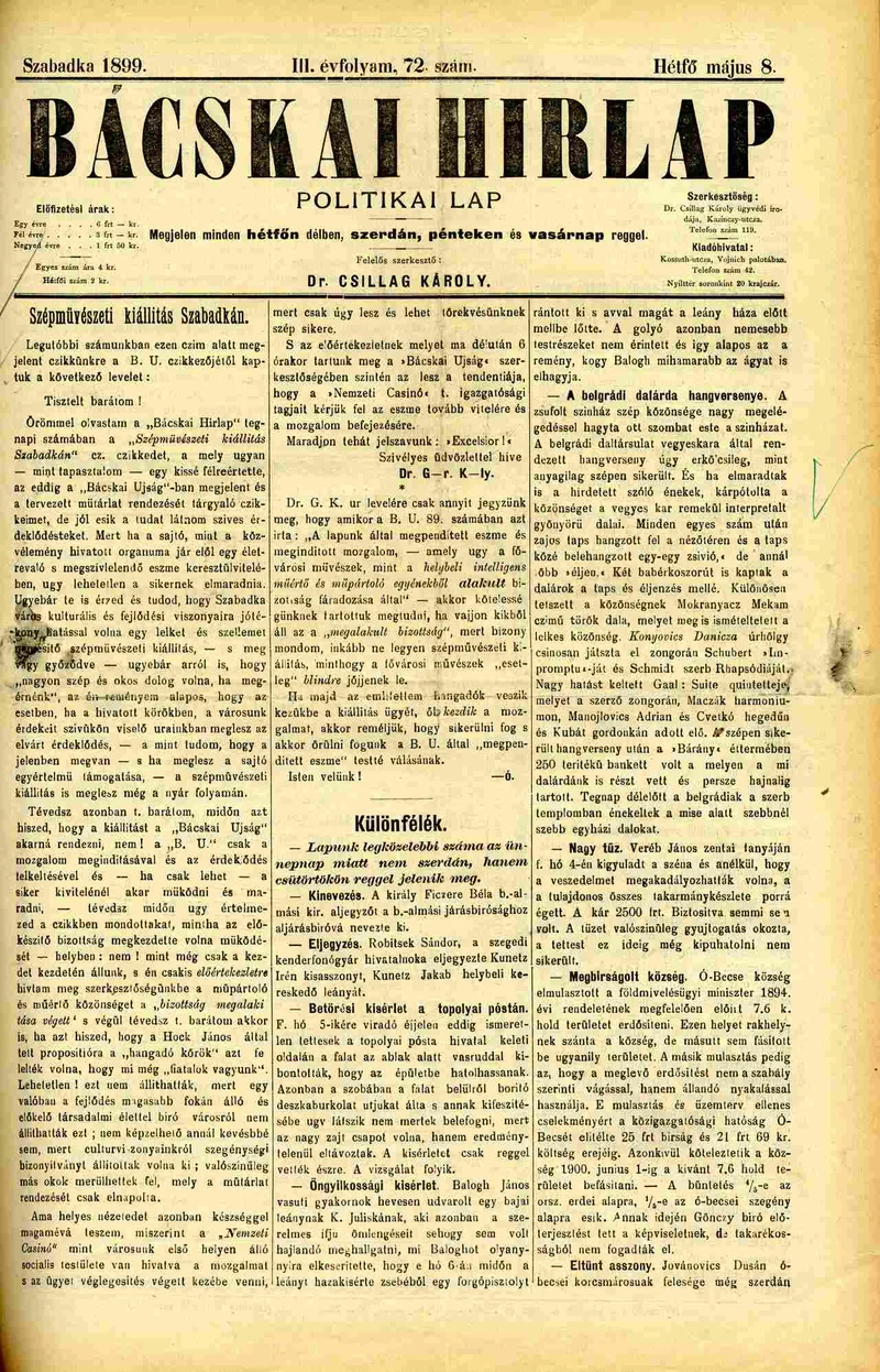 Bácskai Hirlap, 3. évf. 1899. május 8. 72. sz.