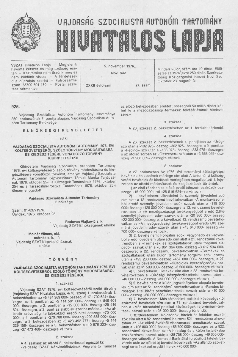 Vajdaság Szocialista Autonóm Tartomány Hivatalos Lapja, 32. évf. 1976. november 5. 27. sz. 1041–1048. oldal