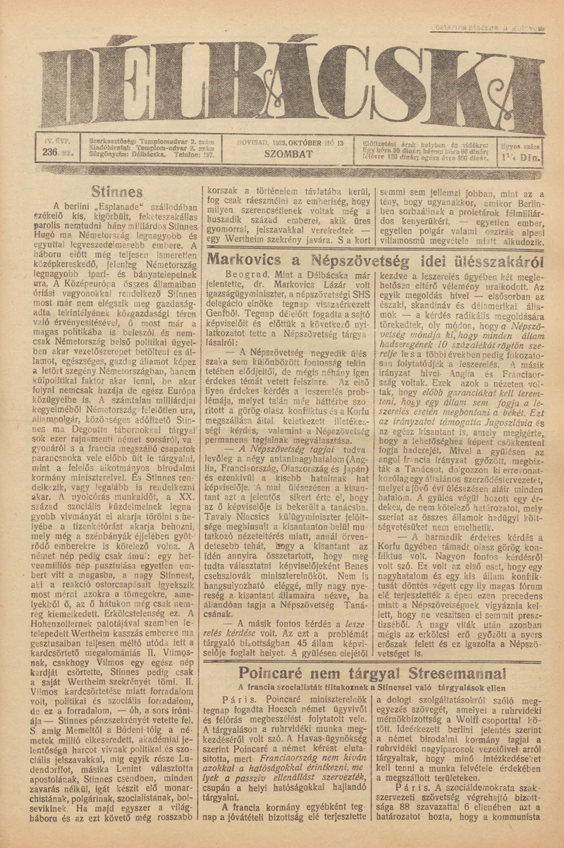 Délbácska, 4. évf. 1923. október 13. 236. sz.