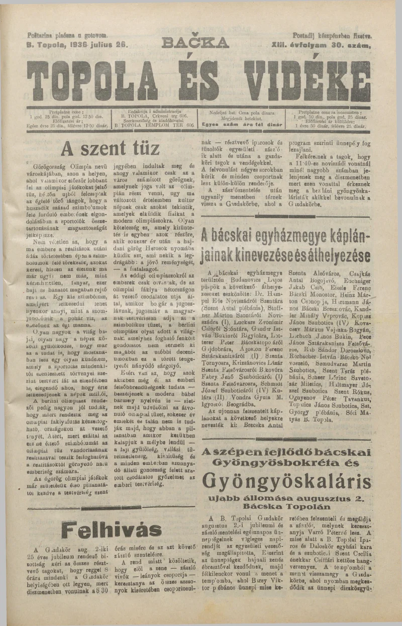 Bačka Topola és Vidéke, 13. évf. 1936. július 26. 30. sz.