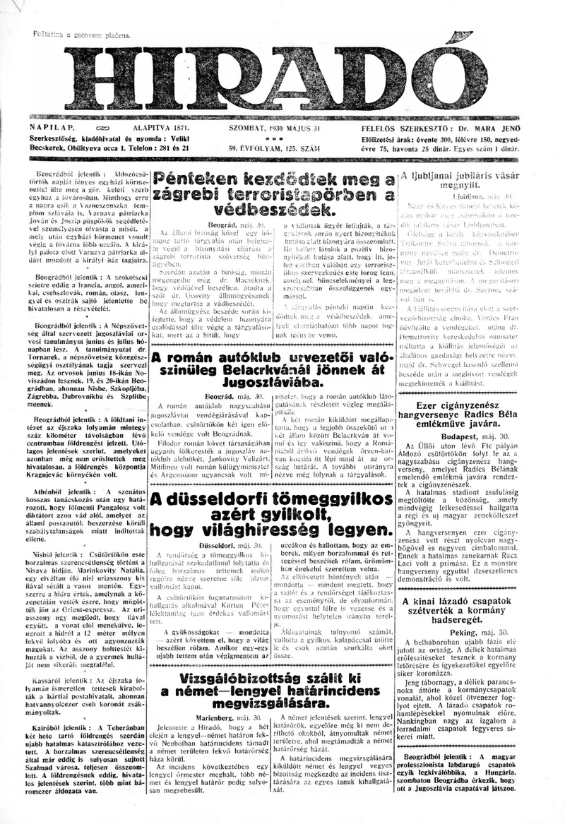 Híradó, 59. évf. 1930. május 31. 125. sz.