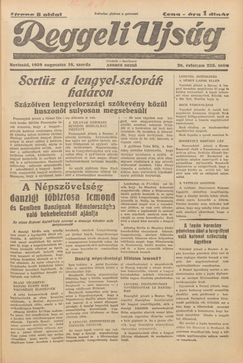 Reggeli Újság, 20. évf. 1939. augusztus 16. 225. sz.