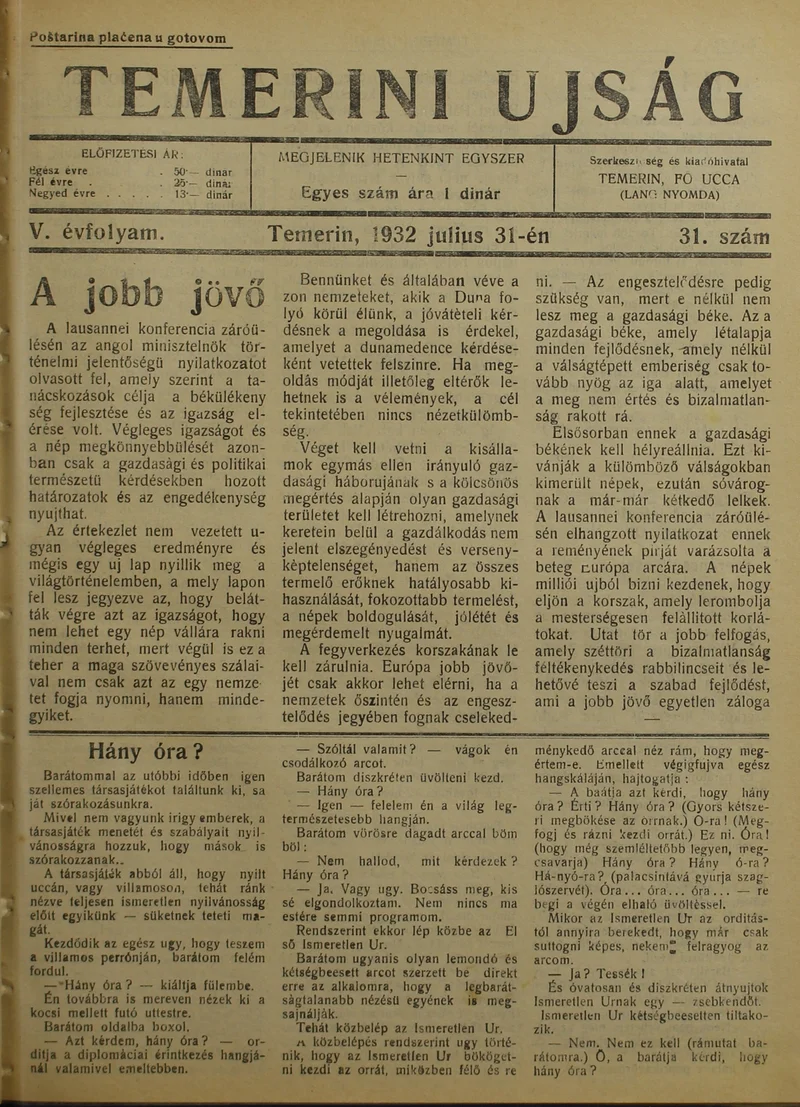 Temerini Újság 1928-1944, 5. évf. 1932. július 31. 31. sz.