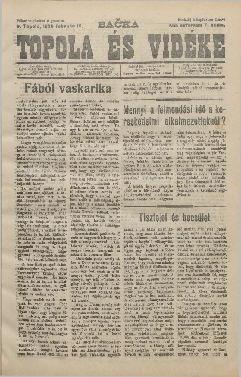 Bačka Topola és Vidéke, 13. évf. 1936. február 16. 7. sz.