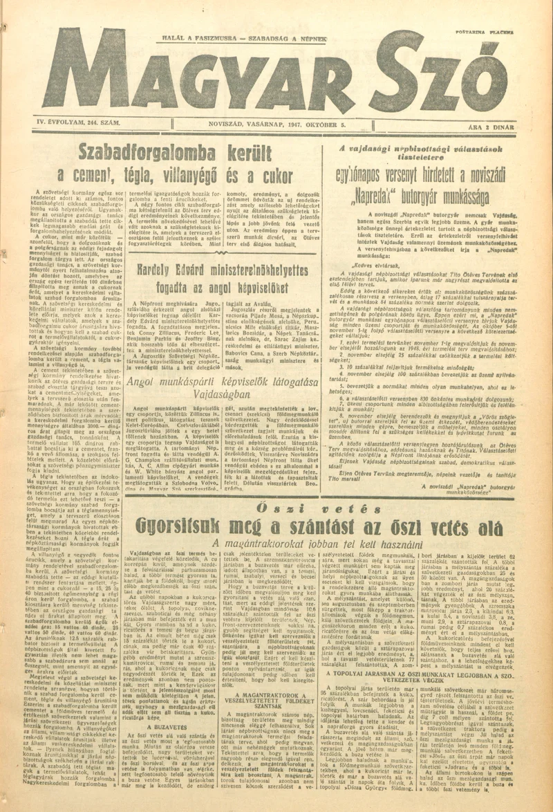 Magyar Szó, 4. évf. 1947. október 5. 244. sz. 1–8. oldal