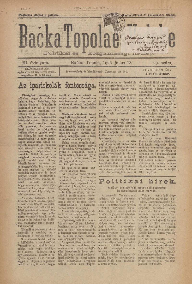 Bačka Topola és Vidéke, 3. évf. 1926. július 18. 29. sz.