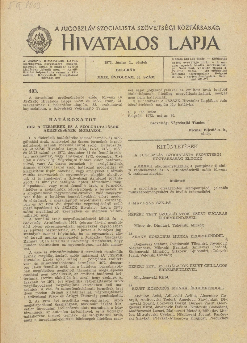 A Jugoszláv Szocialista Szövetségi Köztársaság Hivatalos Lapja, 29. évf. 1973. június 1. 30. sz. 941–944. oldal