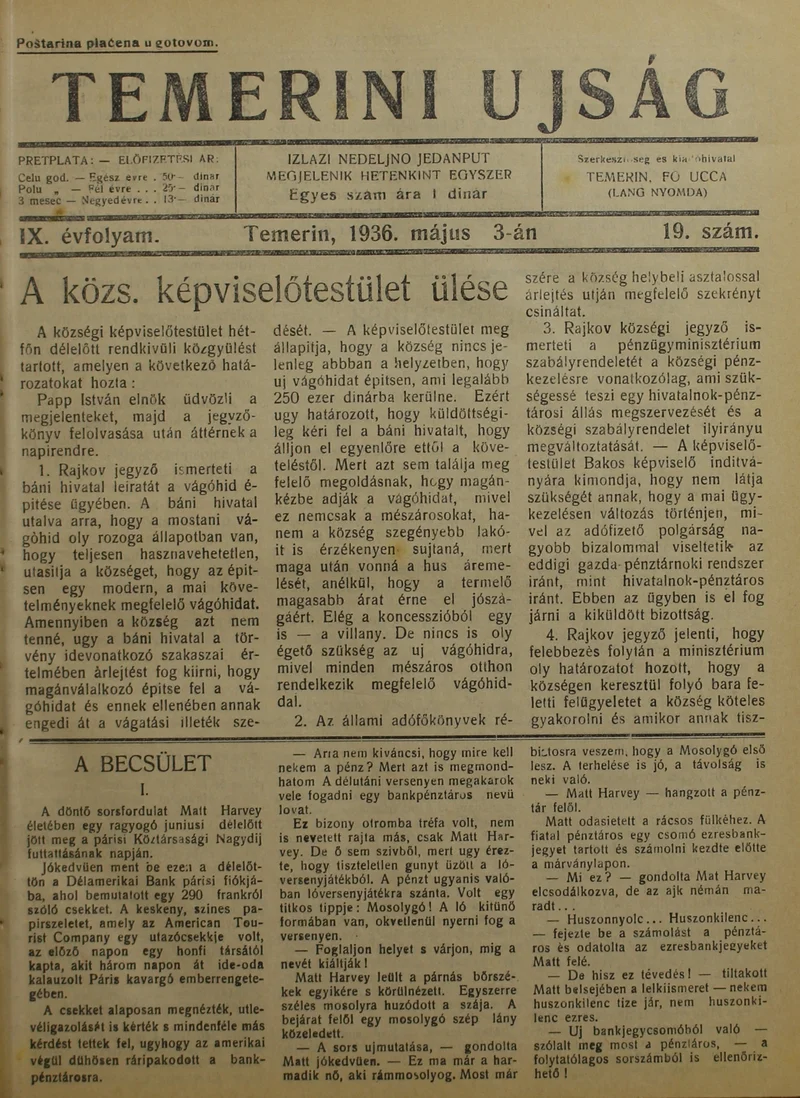 Temerini Újság 1928-1944, 9. évf. 1936. május 3. 19. sz.