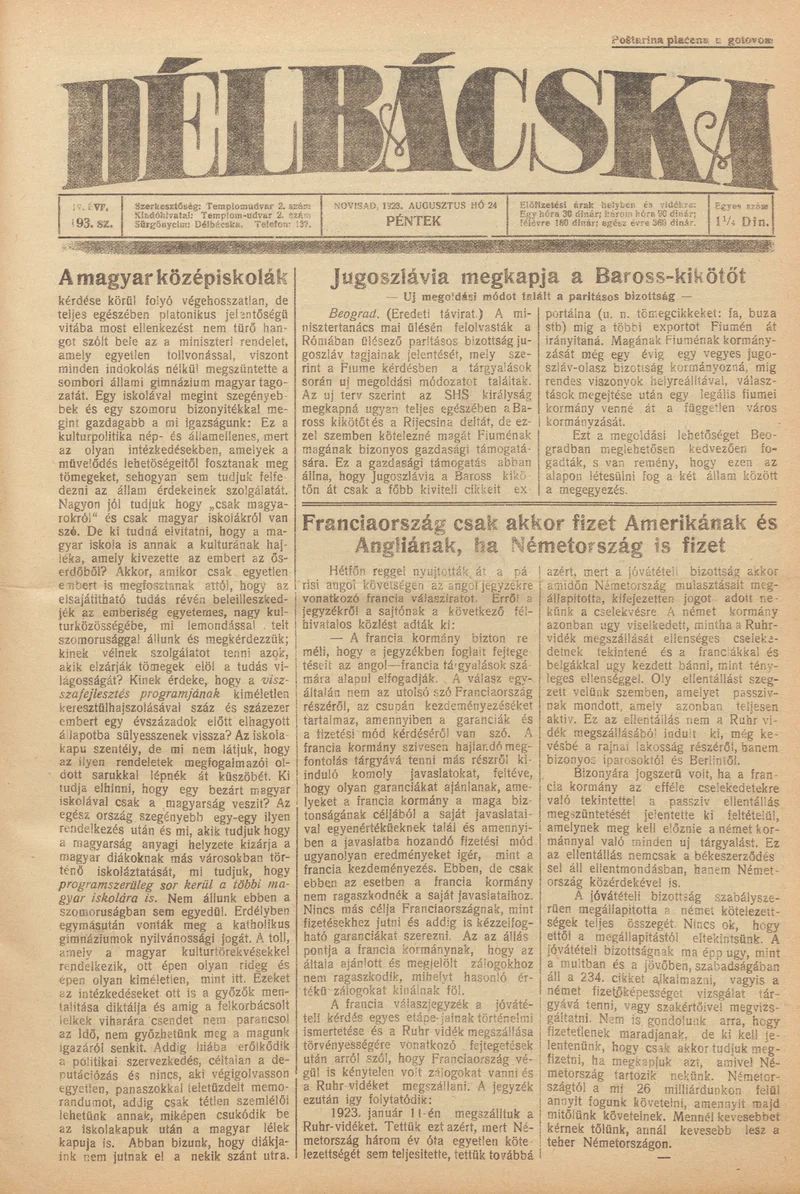 Délbácska, 4. évf. 1923. augusztus 24. 193. sz.