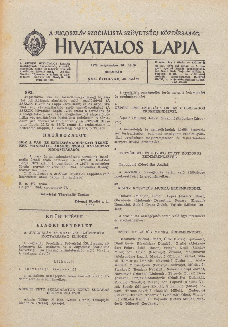 A Jugoszláv Szocialista Szövetségi Köztársaság Hivatalos Lapja, 30. évf. 1974. szeptember 30. 48. sz. 1469–1472. oldal