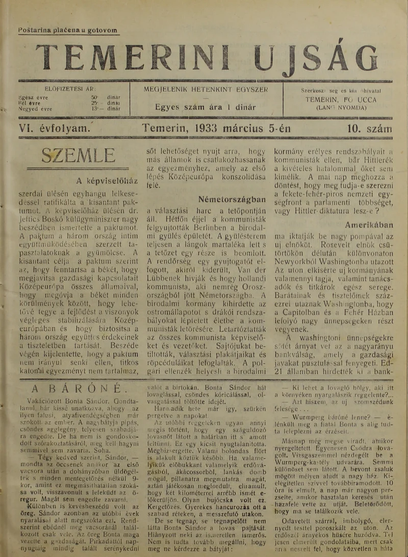 Temerini Újság 1928-1944, 6. évf. 1933. március 5. 10. sz.