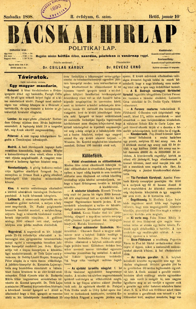 Bácskai Hirlap, 2. évf. 1898. január 10. 6. sz. 1–2. oldal