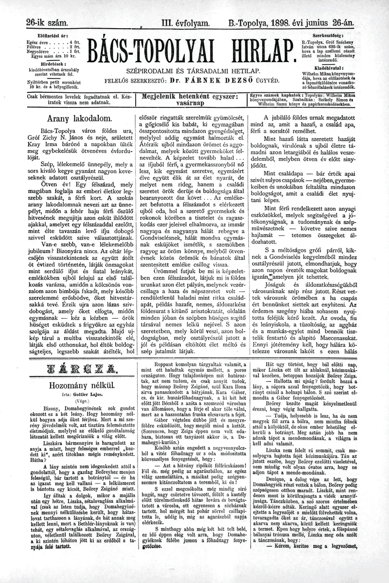 Bács-Topolyai Hirlap, 3. évf. 1898. június 26. 26. sz.