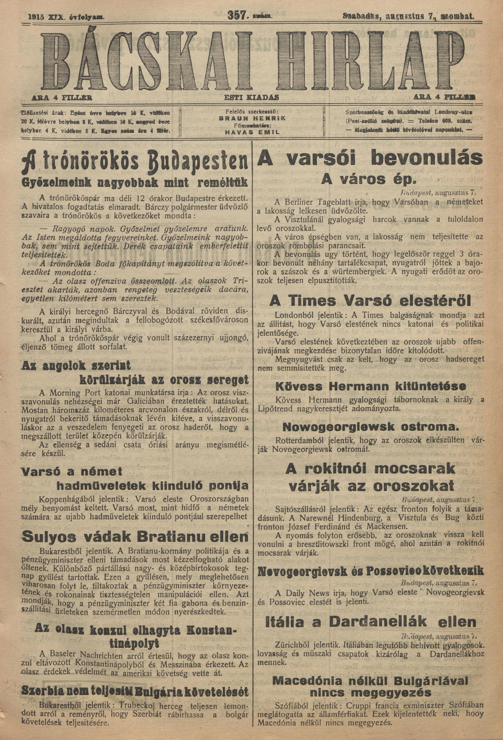 Bácskai Hirlap, 19. évf. 1915. augusztus 7. 357. sz.