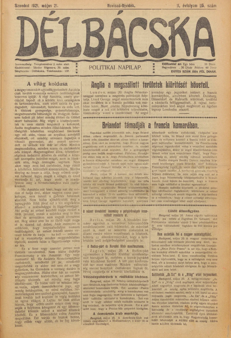 Délbácska, 2. évf. 1921. május 21. 115. sz.