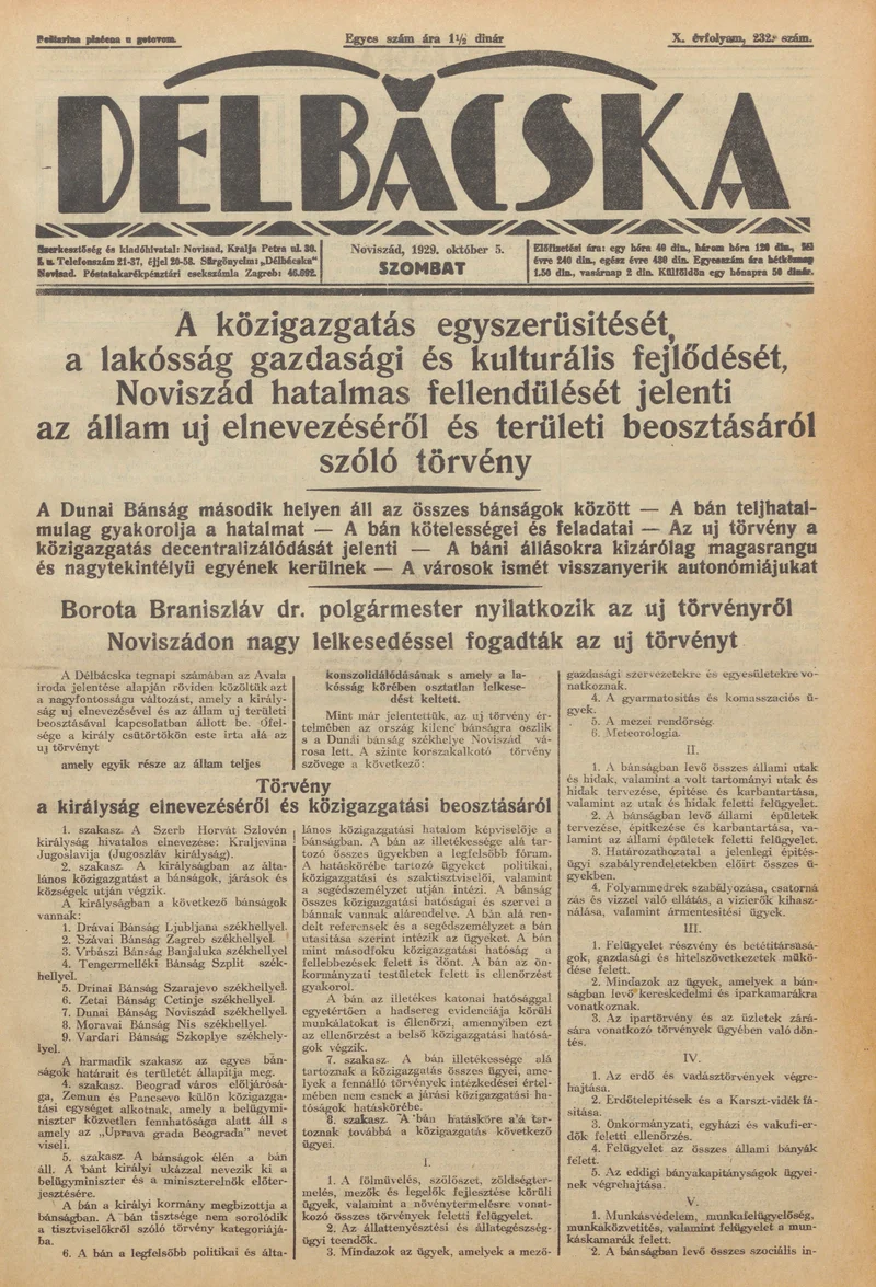 Délbácska, 10. évf. 1929. október 5. 232. sz.