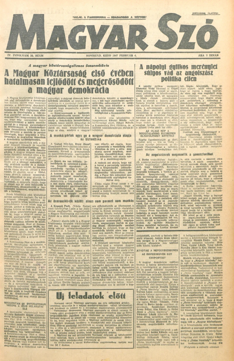 Magyar Szó, 4. évf. 1947. február 4. 30. sz. 1–6. oldal