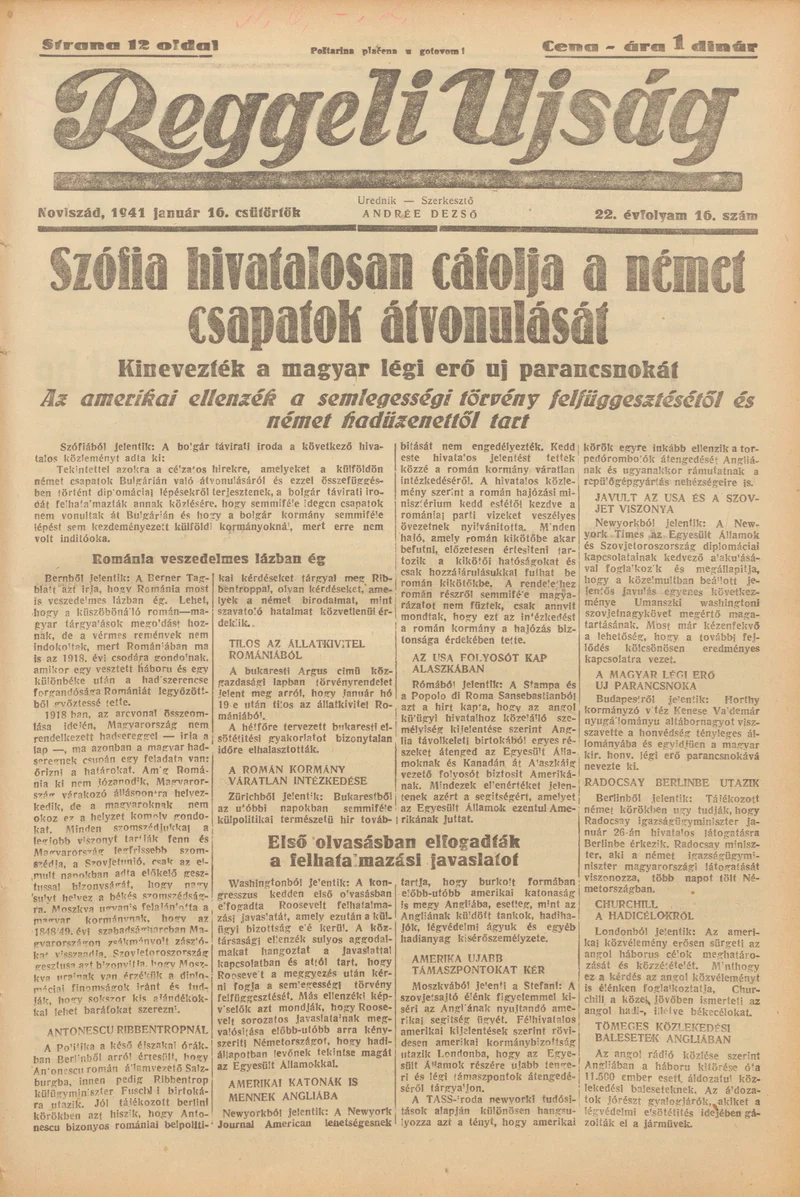 Reggeli Újság, 22. évf. 1941. január 16. 16. sz.