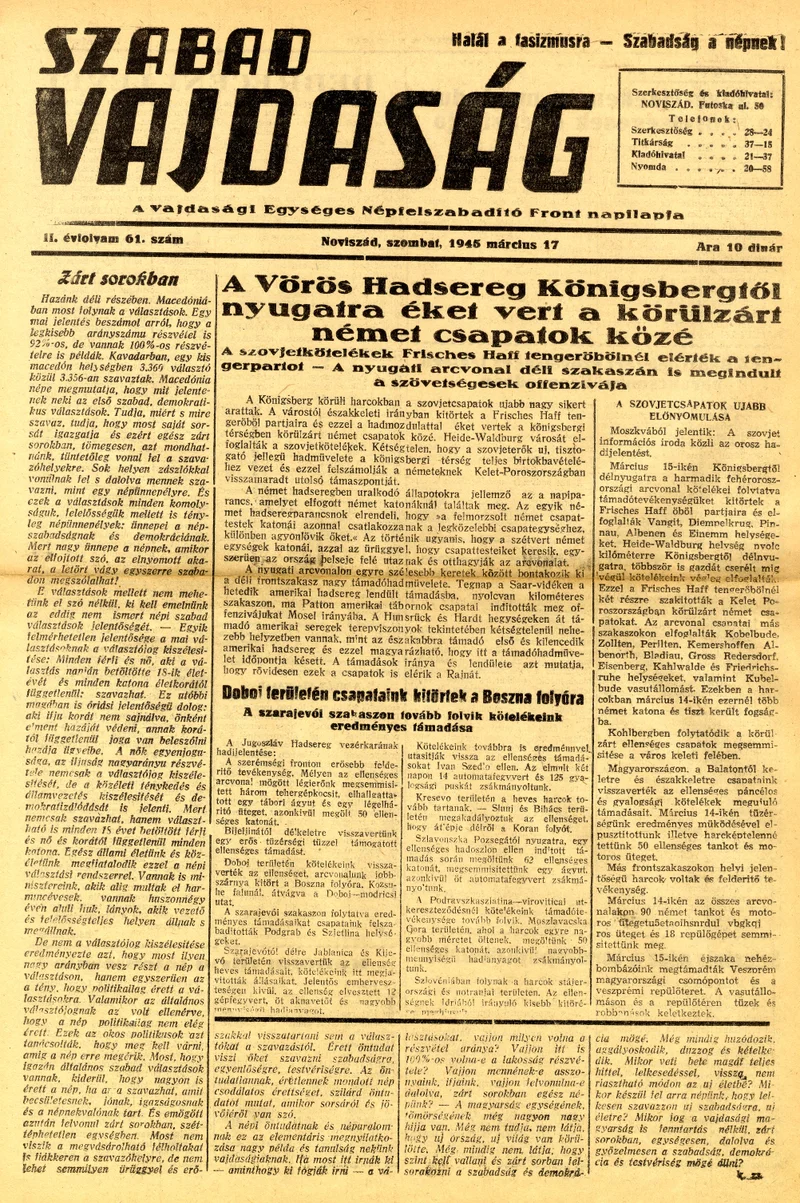 Szabad Vajdaság, 2. évf. 1945. március 17. 61. sz.