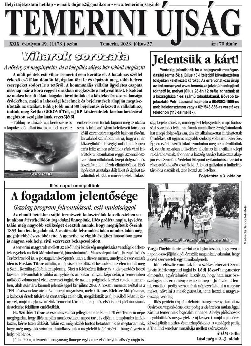 Temerini Újság, 29. évf. 2023. július 27. 29. sz.