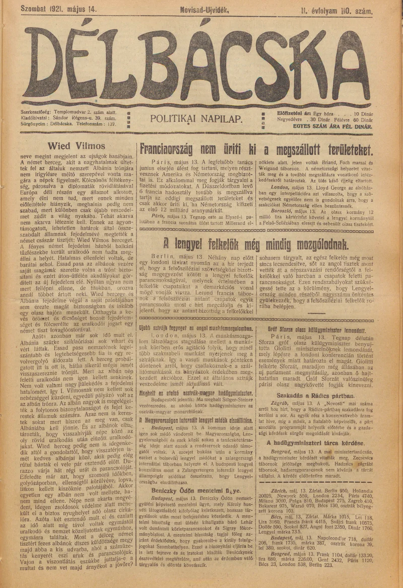 Délbácska, 2. évf. 1921. május 14. 110. sz.