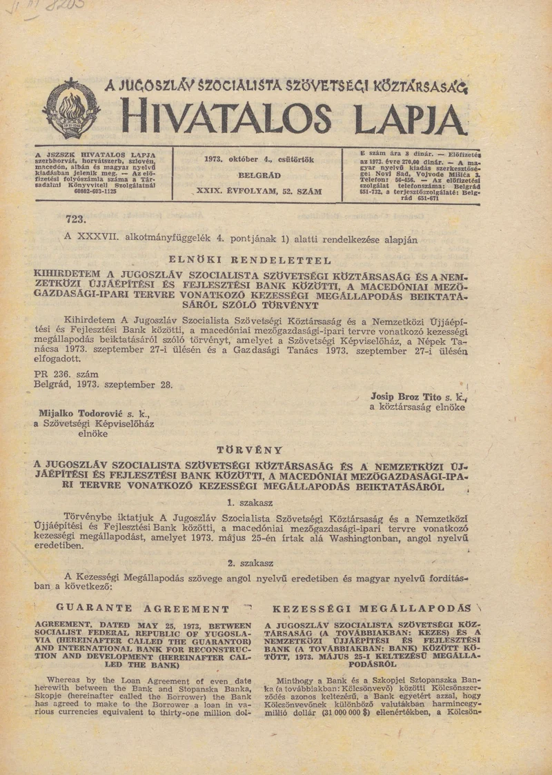 A Jugoszláv Szocialista Szövetségi Köztársaság Hivatalos Lapja, 29. évf. 1973. október 4. 52. sz. 1569–1620. oldal