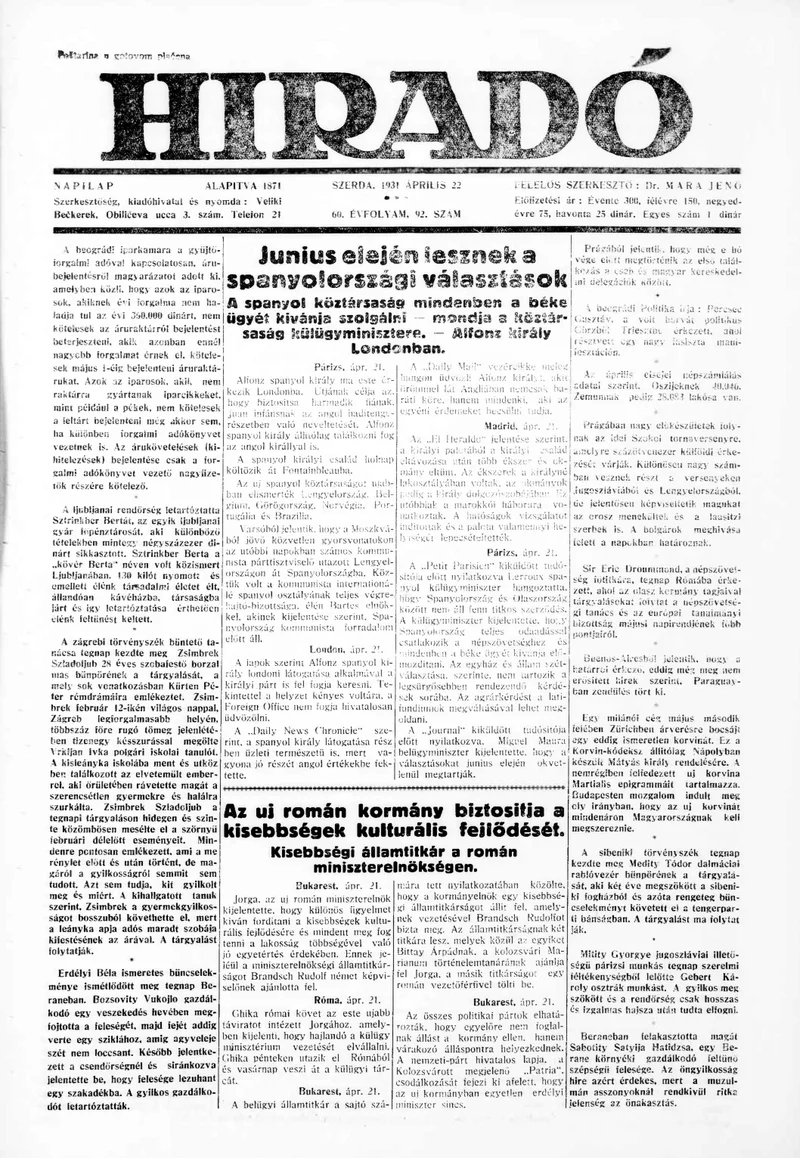 Híradó, 60. évf. 1931. április 22. 92. sz.