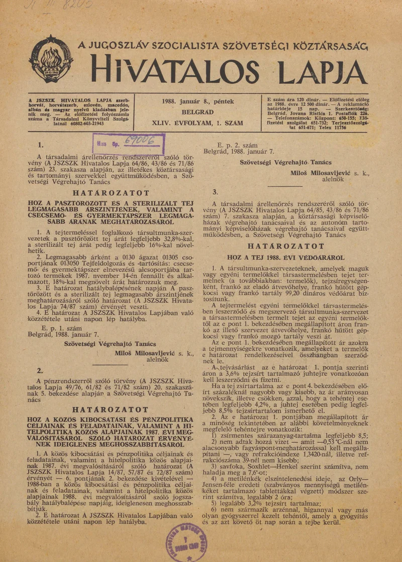 A Jugoszláv Szocialista Szövetségi Köztársaság Hivatalos Lapja, 44. évf. 1988. január 8. 1. sz. 1–8. oldal