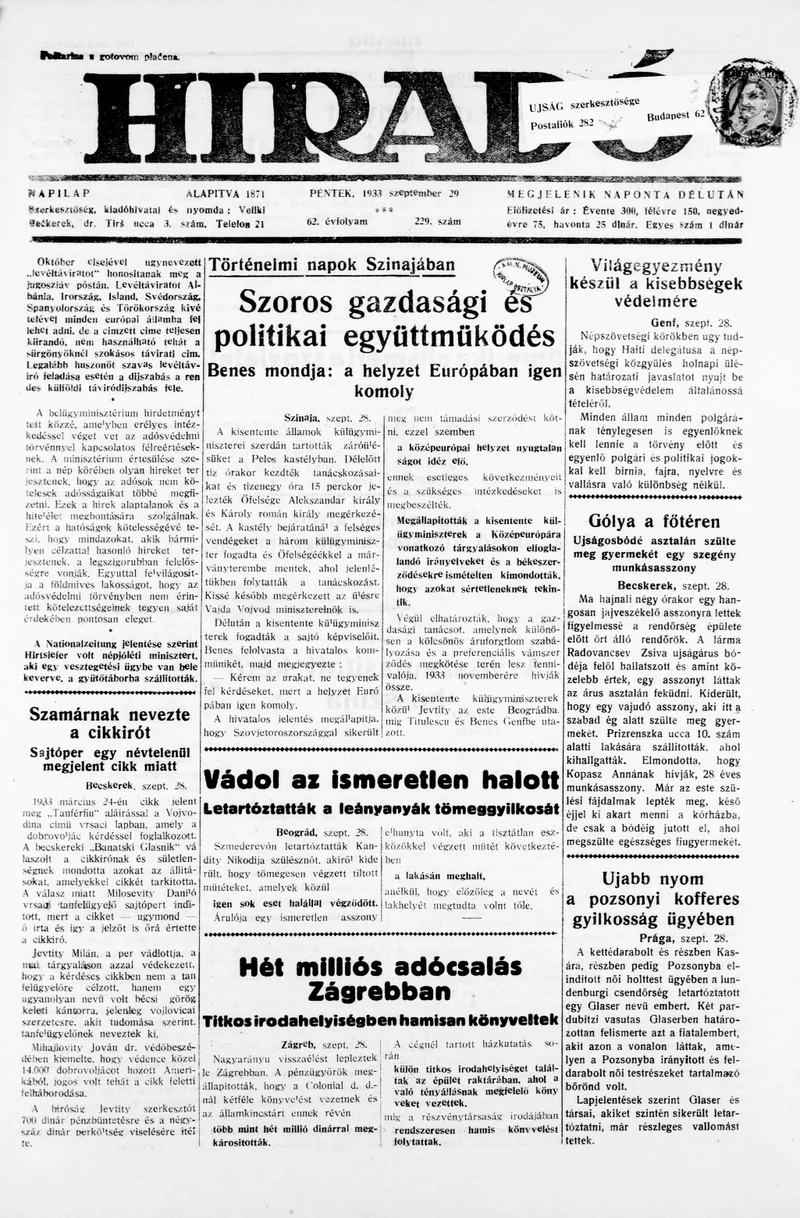 Híradó, 62. évf. 1933. szeptember 29. 229. sz.